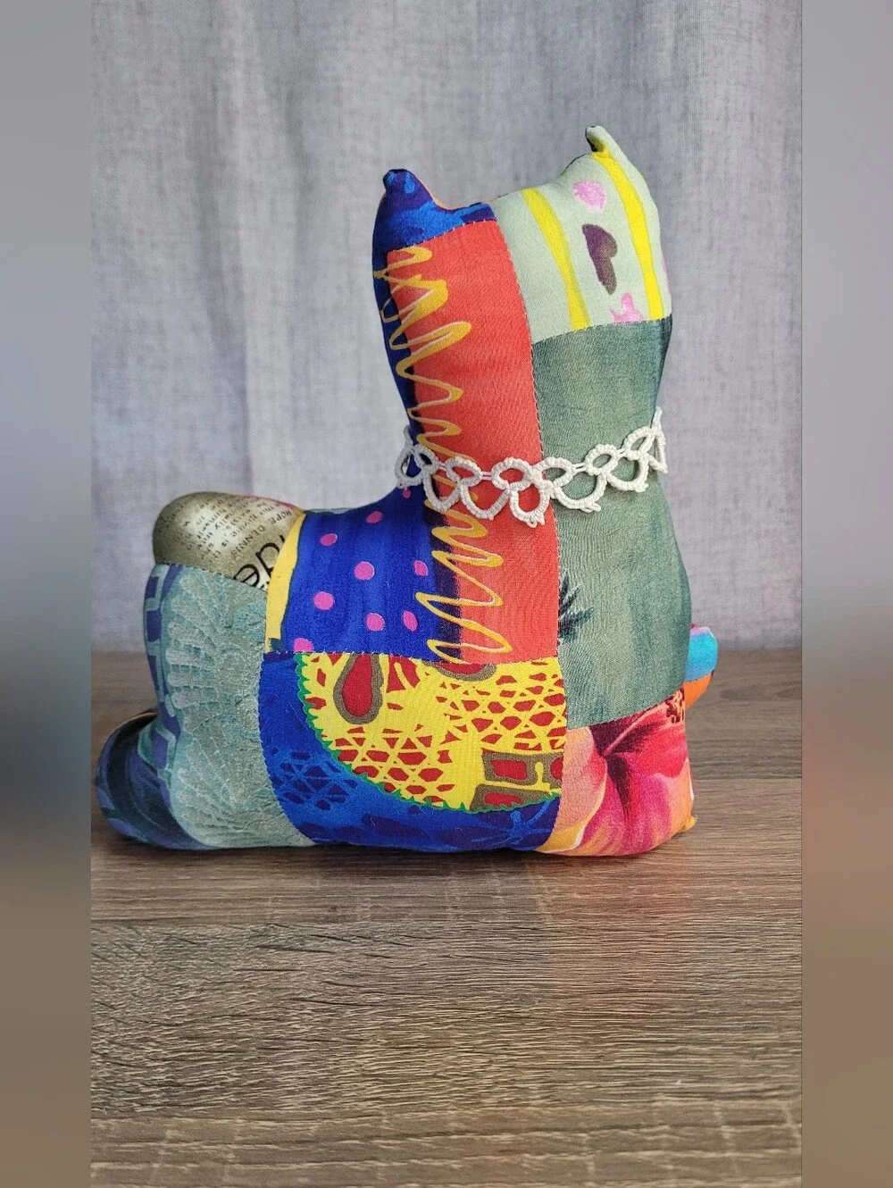 Vintage Handmade Multicolor Patchwork Cat Decorative - Home Accents 80s